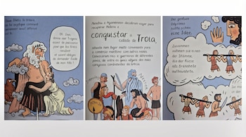 Una imagen apaisada con tres paneles de estilo cómic. El panel izquierdo muestra a Zeus y Thetis. El central, guerreros griegos. El derecho, hombres y Odiseo.