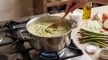 Olla de sopa caliente en hornalla de gas. Mano con cuchara de madera. Espárragos, cebolla, ajo, sal, pimienta, crema y aceite de oliva.