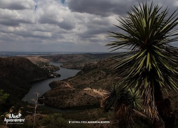 Un paisaje con un río o cuerpo de agua rodeado de montañas áridas, con vegetación escasa y un cielo nublado; una planta de hojas punzantes en primer plano