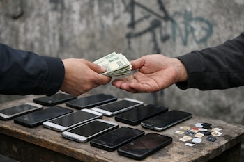 Una mano entrega billetes de mil a otra mano sobre una mesa de madera con celulares y chips telefónicos. Al fondo, una pared con grafitis.
