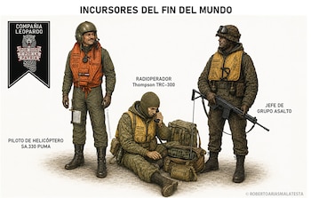 Ilustración de tres militares en uniformes de camuflaje y chalecos salvavidas: un piloto, un radiooperador con equipo y un jefe de asalto con arma