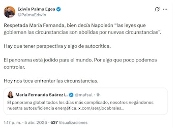 El ministro Edwin Palma respondió a críticas de María Fernanda Suárez con una frase de Napoleón Bonaparte - crédito @PalmaEdwin/X