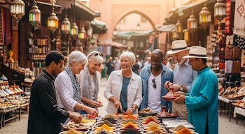 Cinco personas mayores y dos locales en un puesto de mercado preparando alimentos con especias. Se ven cuencos coloridos, verduras picadas y lámparas colgantes.