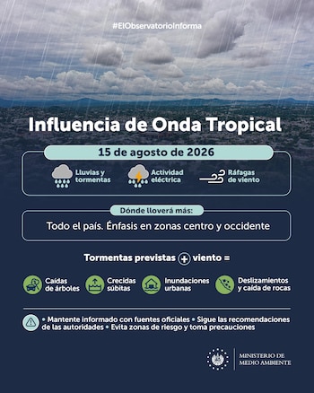 Lluvias, tormentas y ráfagas de viento afectarán a todo El Salvador por el paso de una onda tropical, con énfasis en las zonas centro y occidente (Cortesía: MARN).