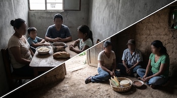 Escena dividida diagonalmente: a la izquierda, familia urbana sentada en mesa con arroz, frijoles y pan; a la derecha, familia rural en el suelo con maíz, tortillas y frijoles.