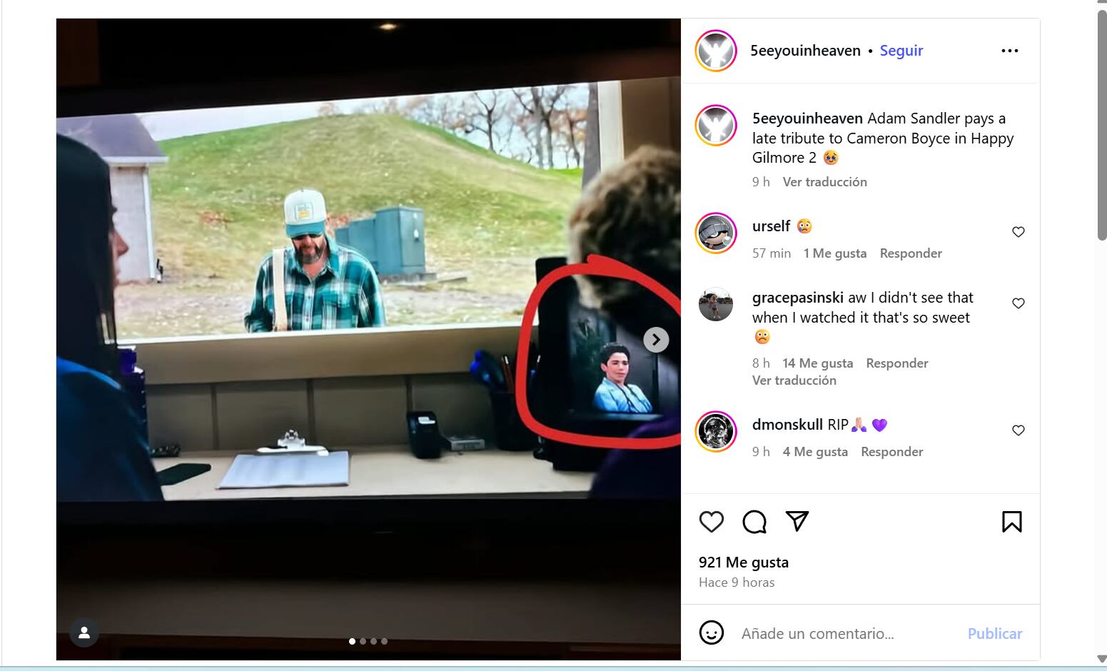 Captura del momento homenaje a Cameron Boyce en la última película de Sandler,