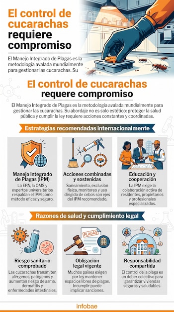 Mano con guante coloca cebo para cucarachas en cocina. Infografía con texto, iconos de estrategias de control de plagas, riesgos sanitarios y obligaciones legales.