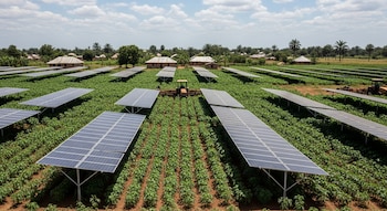 Vista aérea de un vasto campo agrícola en Nigeria con filas de plantas verdes bajo numerosos paneles solares elevados. Casas rurales y palmeras se ven al fondo.