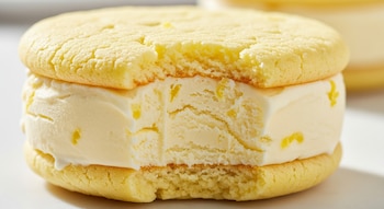 Sándwich de helado de limón con galletas redondas claras. Una mordida se observa en la parte superior e inferior, dejando ver el helado amarillo.