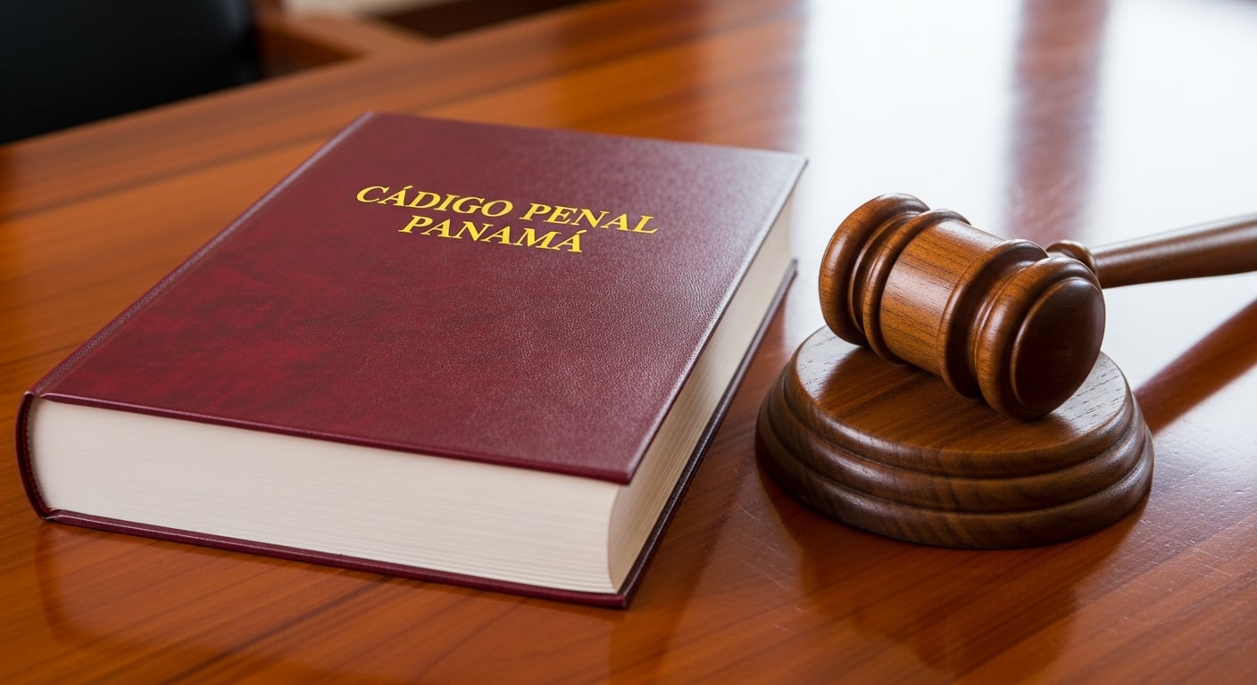 Un volumen del Código Penal de Panamá y un mazo de madera se presentan sobre una superficie, ilustrando herramientas fundamentales en el ámbito legal panameño. (Imagen Ilustrativa Infobae)
