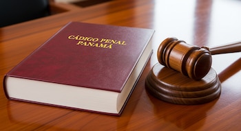 Un libro grueso con lomo rojo y texto dorado 'CÓDIGO PENAL PANAMÁ' se encuentra sobre una mesa de madera, junto a un mazo de justicia de madera.