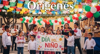 Grupo de niños mexicanos sonríe sosteniendo un cartel del Día del Niño 30 de Abril, rodeados de decoraciones festivas y mariachis.