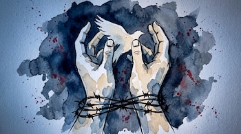 Ilustración de dos manos atadas en las muñecas con alambre de púas que contienen la silueta blanca de un ave sobre un fondo azul y gris.