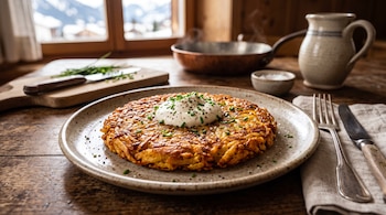 Un plato con papas rösti doradas cubiertas con crema y cebollino, junto a cubiertos, una tabla de cortar y una jarra sobre madera.