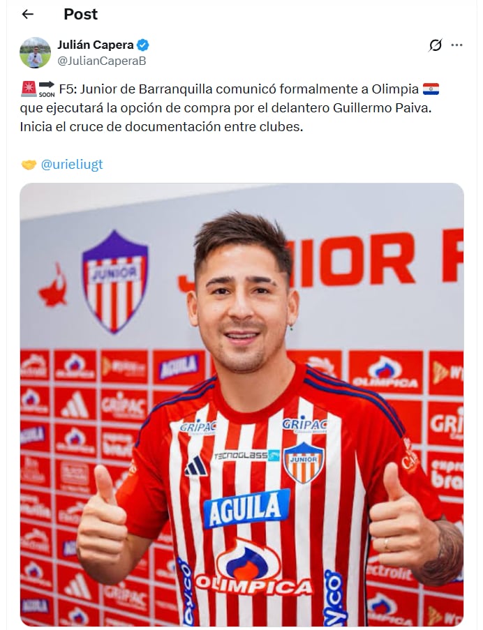 Artigo de Julián Capera sobre o exercício de opções de compra Junior por Guillermo Paiva - crédito