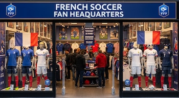 Fachada de una tienda de venta de camisetas de la selección francesa de fútbol en Estados Unidos, con maniquíes exhibiendo uniformes y personas comprando dentro.