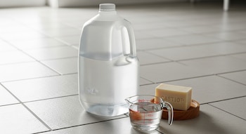 Garrafa de plástico con agua, taza medidora de vidrio con líquido transparente, barra de jabón rectangular sobre posavasos de madera en un suelo de baldosas.