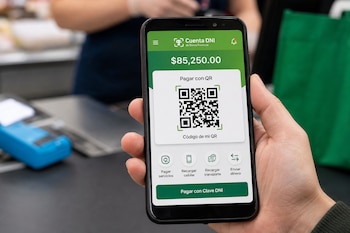 Mano que sostiene un teléfono móvil mostrando en pantalla la aplicación Cuenta DNI con un código QR, frente a un terminal de cobro.