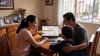 Madre, padre e hijo miran una computadora portátil abierta sobre una mesa de madera, que muestra una boleta de calificaciones de la SEP con el año 2026.