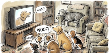 Ilustración de dibujos animados de un grupo de perros en una sala de estar, cinco de ellos ladran a un perro en la televisión mientras uno duerme en un sillón