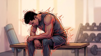 Ilustración de un hombre sentado en una banca de gimnasio con la cabeza baja, rodeado de trazos rojos, cerca de mancuernas y pesas.