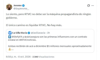 La creadora de contenido Jerome Sanabria también cuestionó la contratación y planteó incluso la liquidación de Rtvc como alternativa para el sistema de medios públicos - crédito @SoyJerome__/X