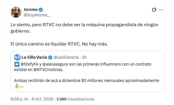 La creadora de contenido Jerome Sanabria también cuestionó la contratación y planteó incluso la liquidación de Rtvc como alternativa para el sistema de medios públicos - crédito @SoyJerome__/X