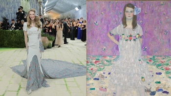 Una imagen dividida muestra a una mujer rubia sonriente con un vestido blanco y azul floral en una alfombra roja junto a la pintura de Gustav Klimt de Mäda Primavesi