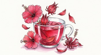 Pintura en acuarela de una taza de té de hibisco rojo, rodeada por flores y cálices de hibisco en tonos carmesí y magenta sobre un fondo blanco.
