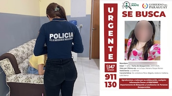 Oficial de policía de espalda con uniforme "Trata de Personas". Afiche "Se Busca" del Gobierno de Paraguay con foto de mujer, datos y teléfonos