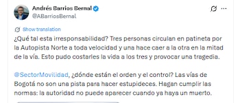 Andrés Barrios cuestionó a la Secretaría de Movilidad de Bogotá por las imprudencias viales - crédito @ABarriosBernal/X