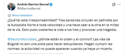 Andrés Barrios cuestionó a la Secretaría de Movilidad de Bogotá por las imprudencias viales - crédito @ABarriosBernal/X