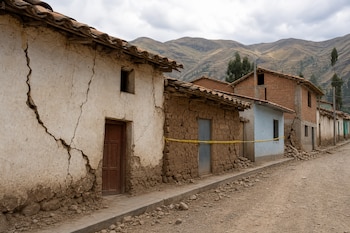 Casas de adobe y ladrillo con grietas en la fachada junto a una calle de tierra con montañas al fondo.