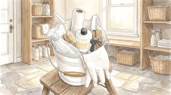 Una cubeta de metal con productos de limpieza, toallas, cepillos, guantes y papel de cocina sobre un taburete de madera en una habitación.
