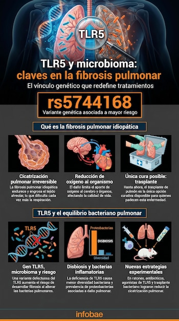 Infografía ilustra la relación entre el gen TLR5, el microbioma y la fibrosis pulmonar idiopática, mostrando el ADN, los pulmones y células afectadas.