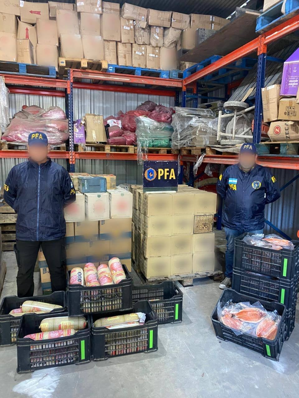 Dos agentes de la Policía Federal Argentina custodian una importante incautación de embutidos y pescado fresco en un depósito, resultado de un operativo contra el comercio ilegal de alimentos. (Policía Federal Argentina)