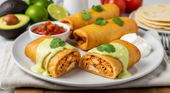 Chimichangas de pollo doradas y crujientes en un plato, una cortada mostrando el relleno. Se ven salsas, cilantro, aguacates y limones al fondo.