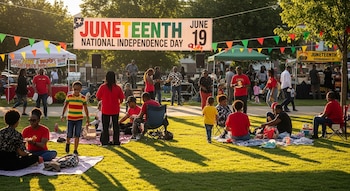 Vista aérea de una multitud en un parque celebrando Juneteenth, con personas sentadas en el césped, puestos, carpas y un gran letrero del evento.
