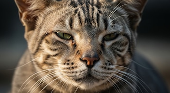 Primer plano frontal de la cabeza de un gato atigrado de avanzada edad con pelaje marrón y negro, ojos verdes, bigotes largos y orejas levemente caídas.