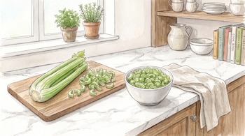Ilustración en acuarela de apio fresco entero y troceado sobre una tabla de madera, un tazón blanco, plantas de interior y libros.
