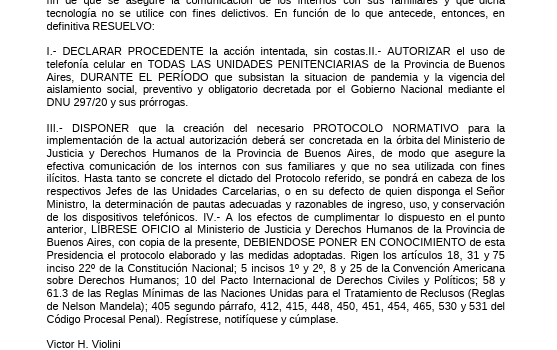 30 de marzo de 2020: el fallo del juez Violini que autorizaba los celulares en penales