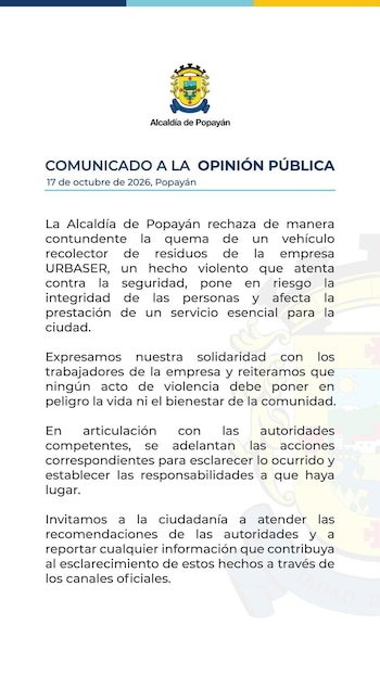 Urbaser alertó por ataques que ponen en riesgo la recolección de residuos en Popayán - crédito @sincensurapop/X
