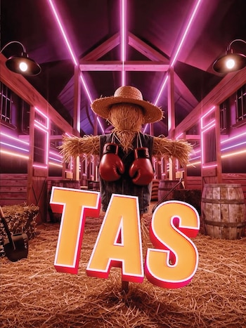 Espantapájaros con sombrero de paja, chaleco vaquero, guantes de boxeo rojos, paja, barriles de madera, pala y luces de neón rosa. Letras 'TAS'