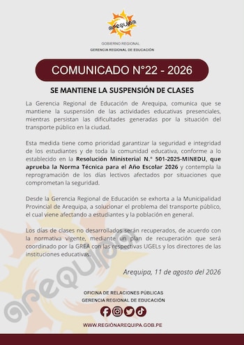 Comunicado oficial de la Gerencia Regional de Educación de Arequipa sobre la suspensión de clases, con logo institucional, fecha y redes sociales