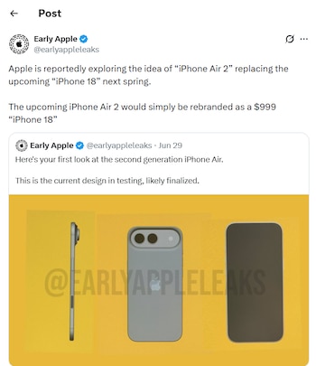 El iPhone 18 estándar se lanzaría en el primer trimestre de 2027. (X: earlyappleleaks)