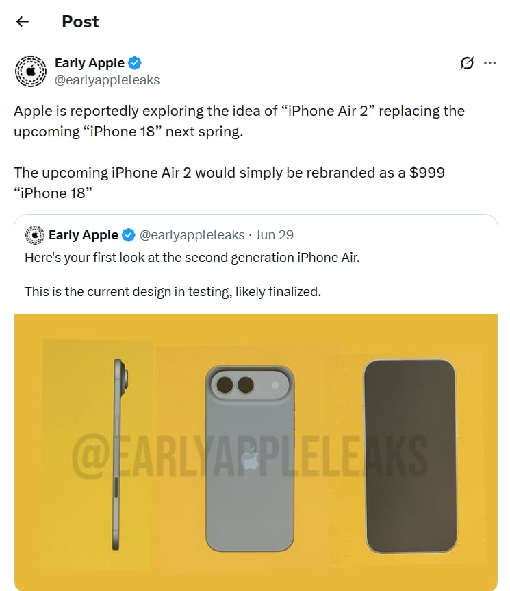 El iPhone 18 estándar se lanzaría en el primer trimestre de 2027. (X: earlyappleleaks)