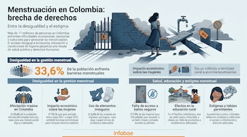 Infografía "Menstruación en Colombia" con ilustraciones de una mujer, un grifo dañado, un candado, y paneles de estadísticas sobre desigualdad, higiene y estigmas.