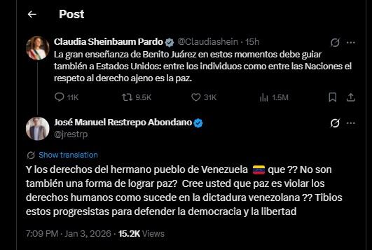 José Manuel Restrepo cuestionó las palabras de la mandataria mexicana - crédito @jrestrp