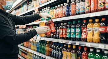 Un trabajador con mascarilla azul y guantes blancos saca dos botellas de bebida de un estante de supermercado lleno de bebidas embotelladas.