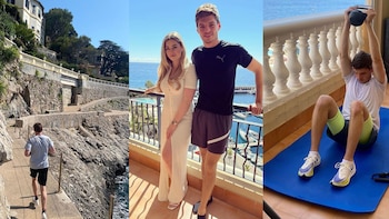 Max Verstappen corriendo por la costa, posando con Victoria Jane Verstappen en un balcón con vistas al mar y entrenando con pesas en otro balcón